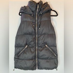 Zara Womens Full Zip Hooded Sleeveless Long Puffer Vest Jacket Black Size Small